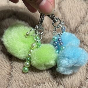 Fluffy Green and Blue Pom Pom Keychains